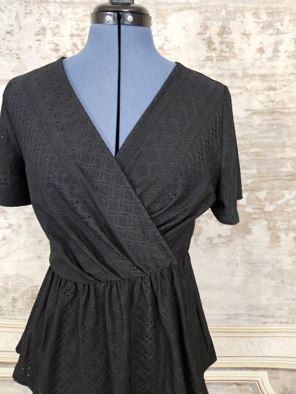 Grace Karin S Black Wrap Eyelet Peplum Blouse Flutter Sleeve S - Picture 2 of 8